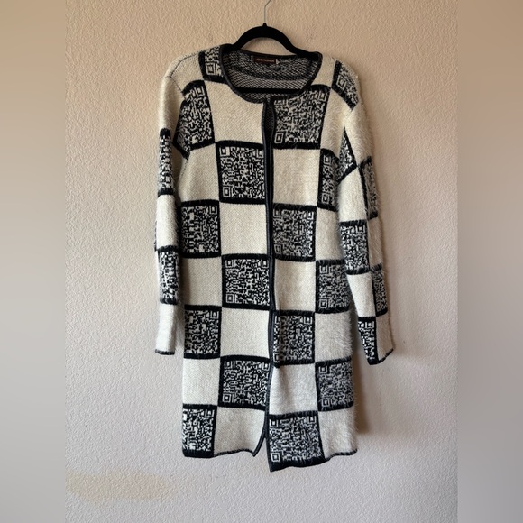 John Fashion‎ Cardigan Womens XL Checkerboard Fuzzy Wool Blend Hook N Eye - Picture 5 of 11